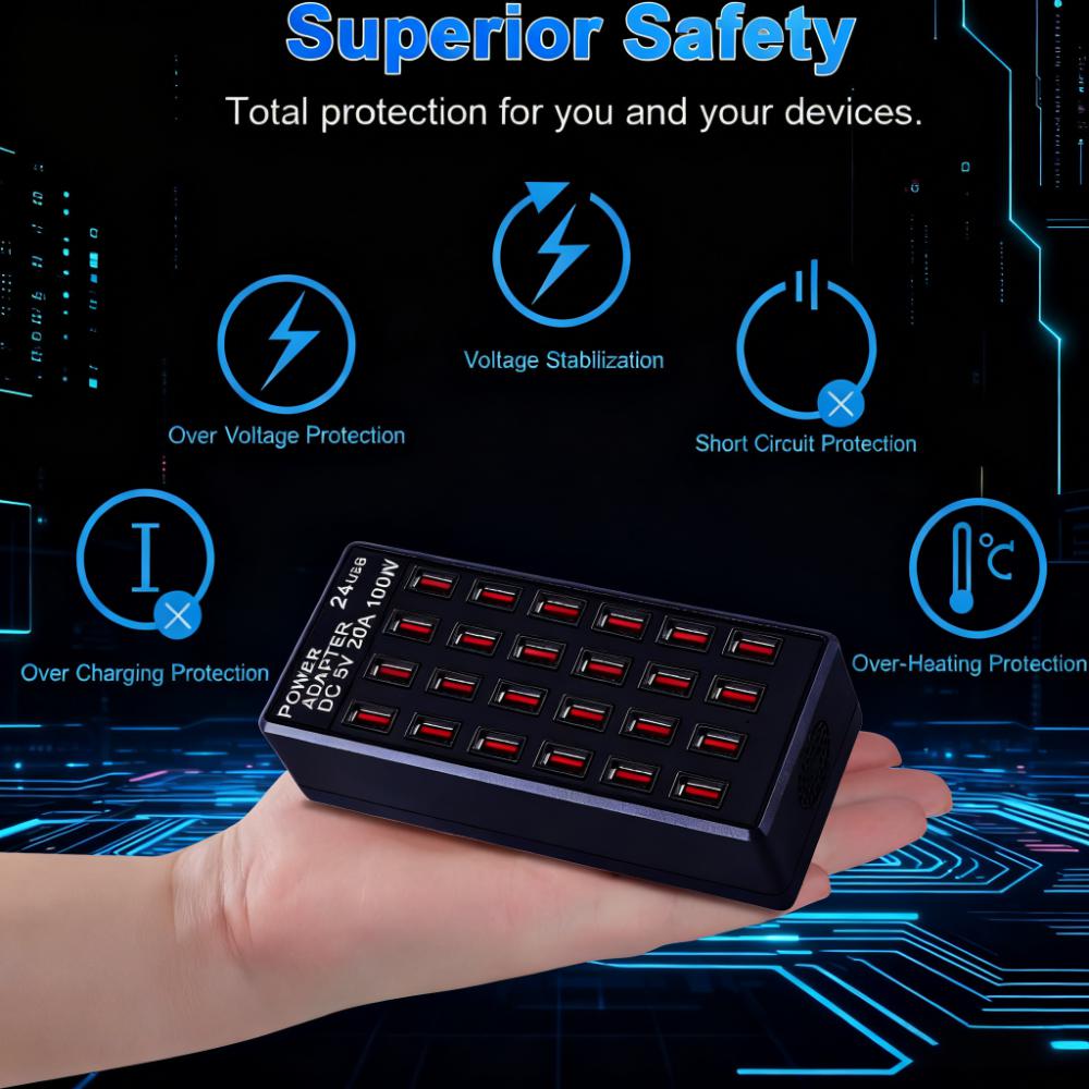 24-Port USB Charging Station – 100W Fast Charge, Perfect for Home, School & Business