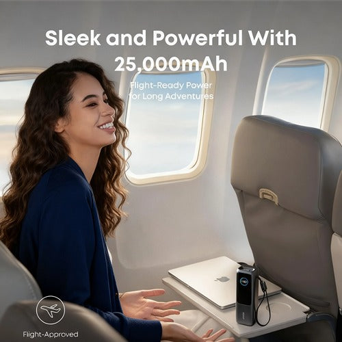 Top-Rated 25,000mAh Power Bank — FAA-Compliant, Built-In Cables, Fast-Charge 4 Devices, Flight-Ready for Work & Travel
