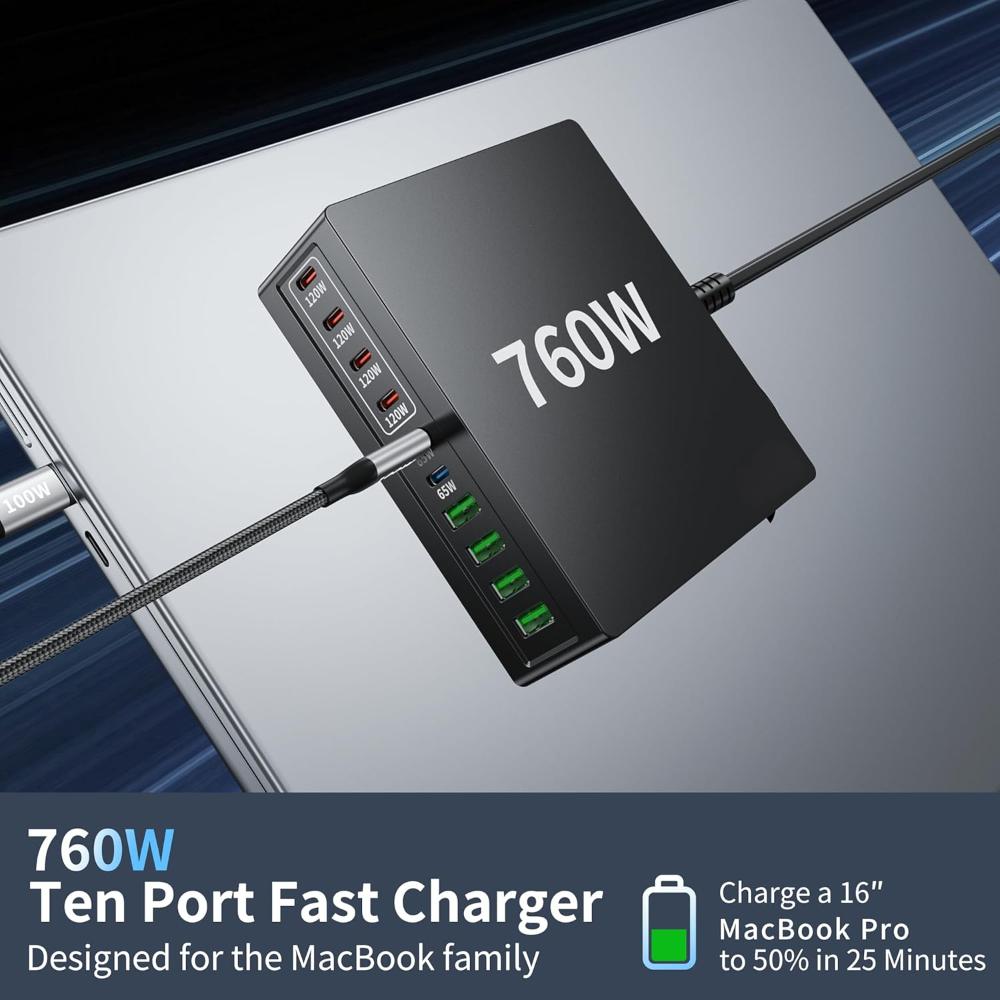 800W 10-Port USB-C Fast Charger – PD 100W for MacBook, iPhone, iPad & Samsung