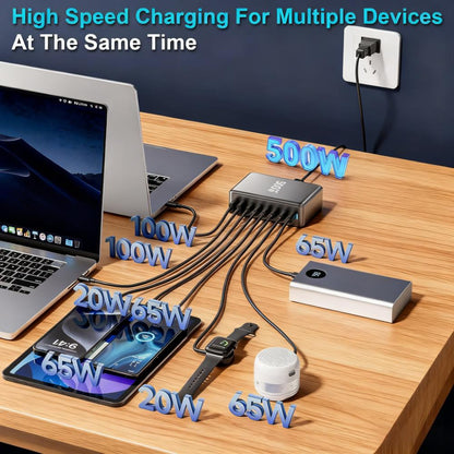 Fast 500W 8-Port USB-C Charging Hub – Dual 100W PD, Compatible with MacBook, iPhone & More