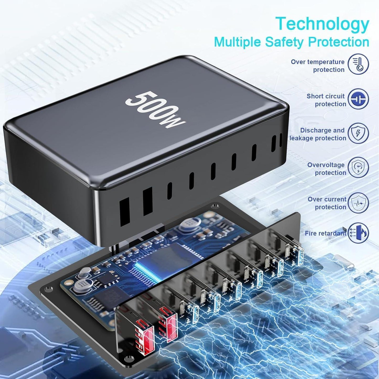 Fast 500W 8-Port USB-C Charging Hub – Dual 100W PD, Compatible with MacBook, iPhone & More