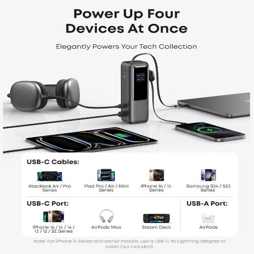 Top-Rated 25,000mAh Power Bank — FAA-Compliant, Built-In Cables, Fast-Charge 4 Devices, Flight-Ready for Work & Travel