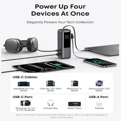 Top-Rated 25,000mAh Power Bank — FAA-Compliant, Built-In Cables, Fast-Charge 4 Devices, Flight-Ready for Work & Travel