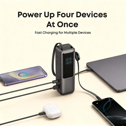 Top-Rated 25,000mAh Power Bank — FAA-Compliant, Built-In Cables, Fast-Charge 4 Devices, Flight-Ready for Work & Travel