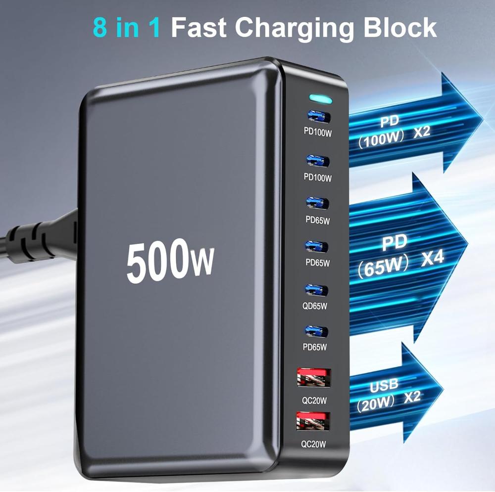 All-in-One 8-Port 500W Charging Station – Dual 100W PD Fast Charging for Multiple Devices