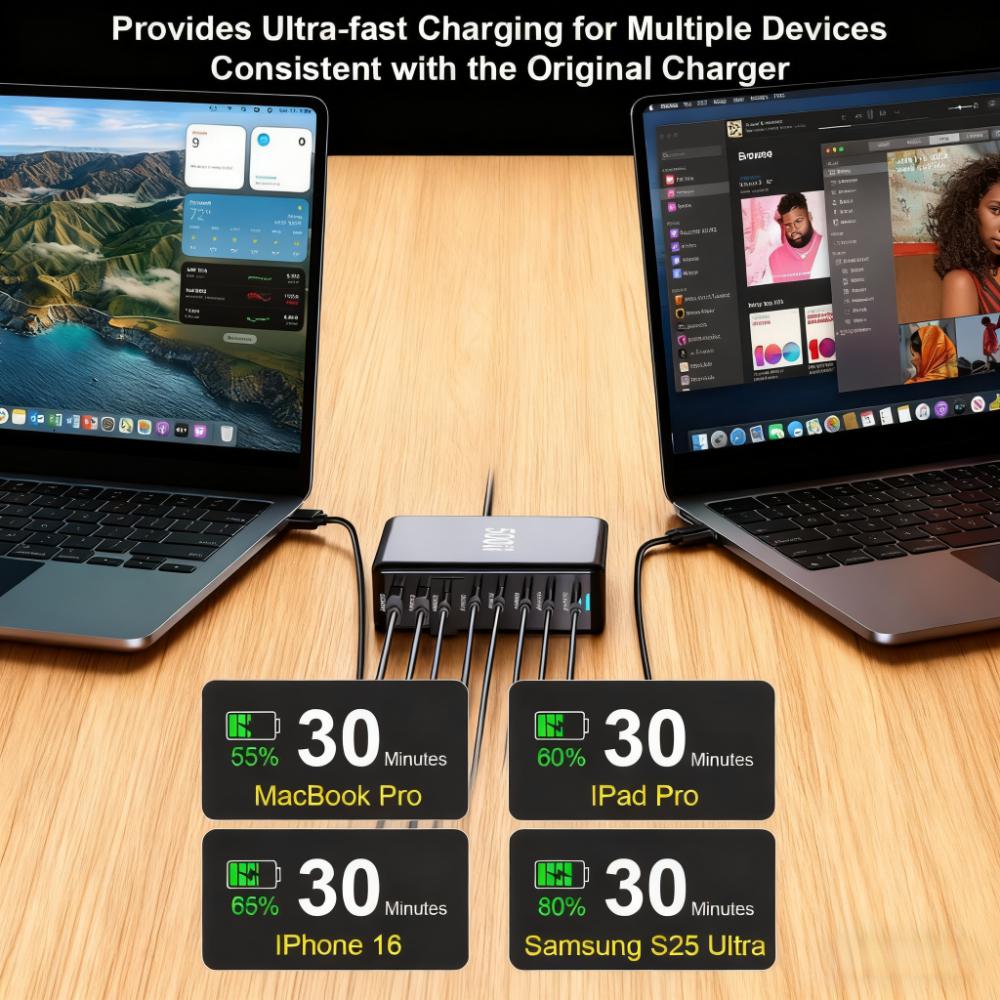 Fast 500W 8-Port USB-C Charging Hub – Dual 100W PD, Compatible with MacBook, iPhone & More