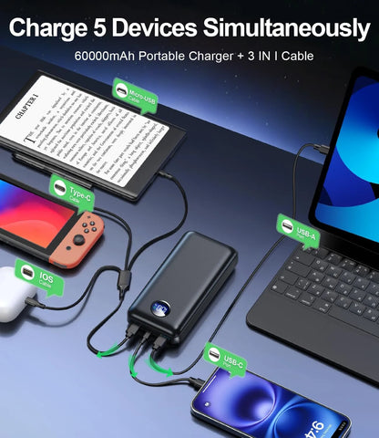 Massive Power, Zero Worries – 60,000mAh Fast-Charging Bank for Travel, Camping & Any Emergency